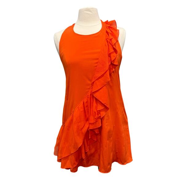 Alice + Olivia Silk Halter Backless Mini Dress Asymmetrical Ruffle Orange Sz Med - Picture 1 of 13